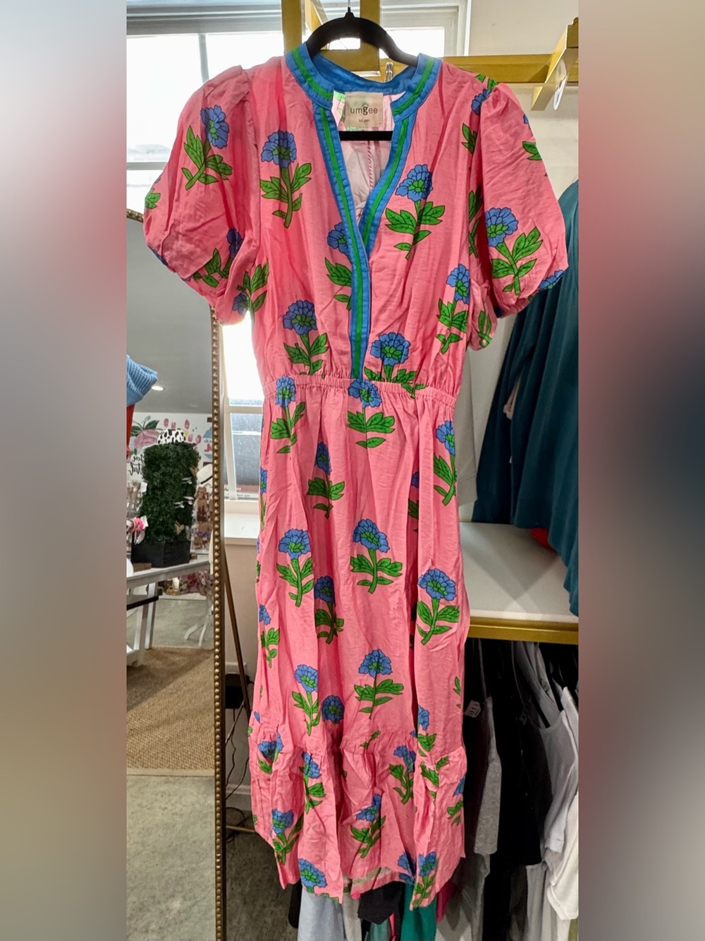 Umgee Pink Maxi Dress with Blue Floral Print and Green Leaves